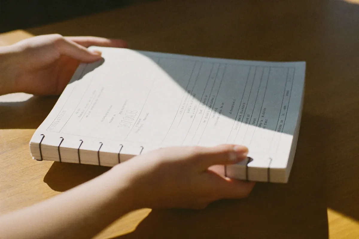 Two pairs of hands passing a stapled paper report across a desk